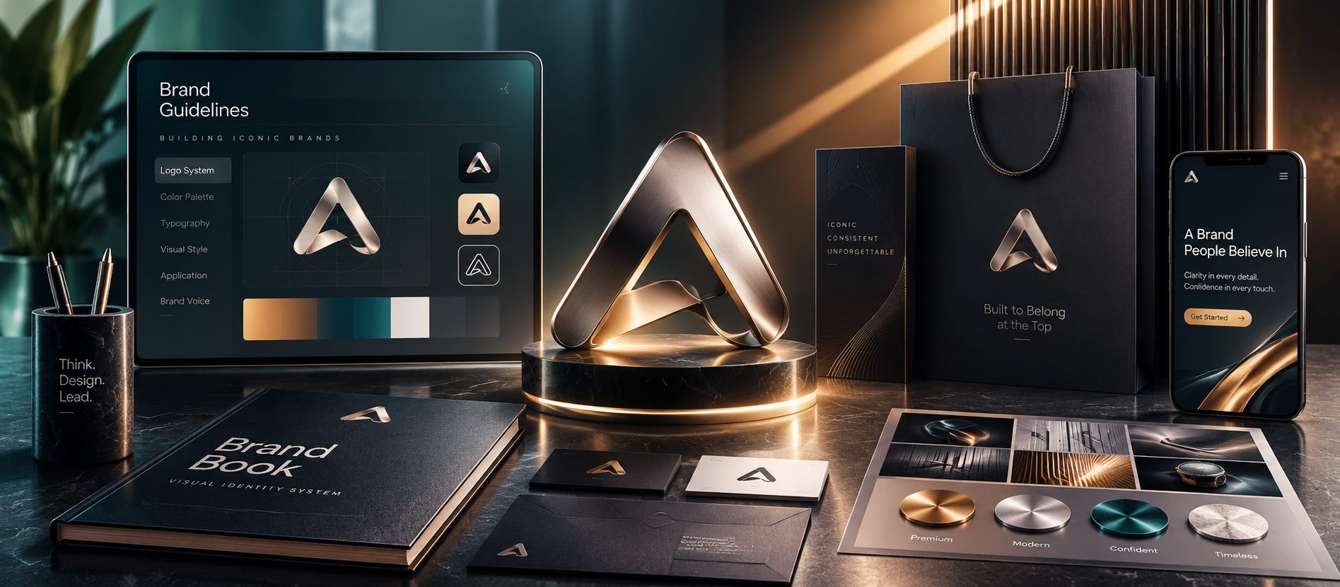 Brand identity system mockup — logo, color palette and typography